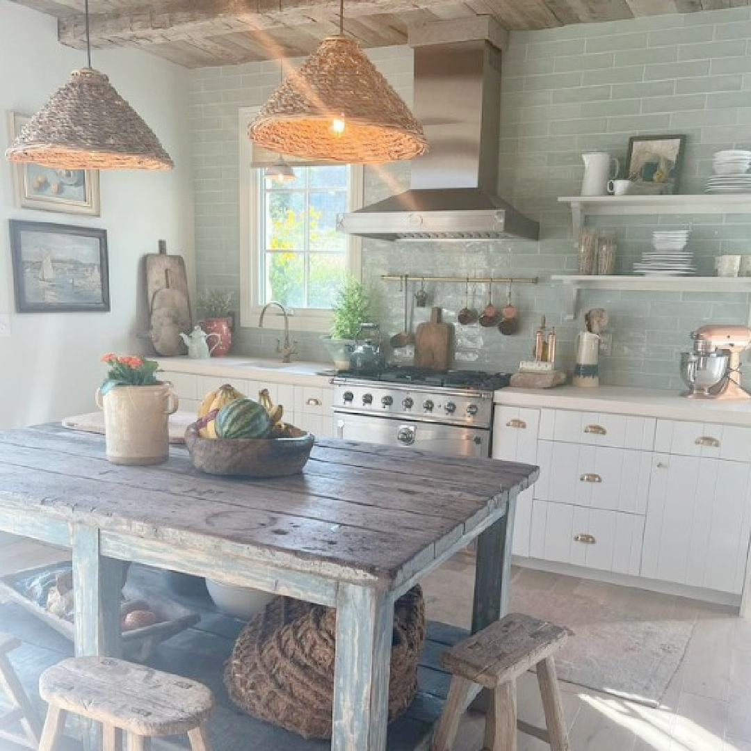 Beljar Home rustic Belgian style kitchen with antiques, aqua subway tile and natural materials.