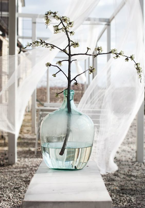 Parisian glass bottle jug vase with branch. #parisian #frenchcountry #glassbottle #winejug