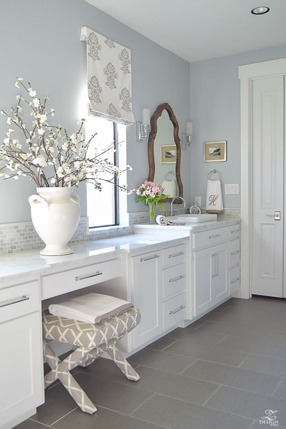 transitional white bathroom white cabinets carrara marble counter tops benjamin moore silver lake. #benjaminmooresilverlake