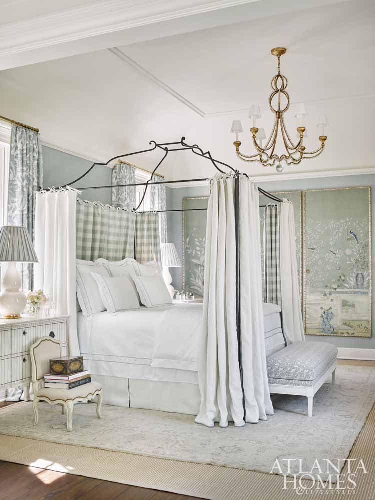 Luxurious light blue bedroom by Tristan Harstan in Southeastern Designer Showhouse 2017. Atlanta Homes & Lifestyles.