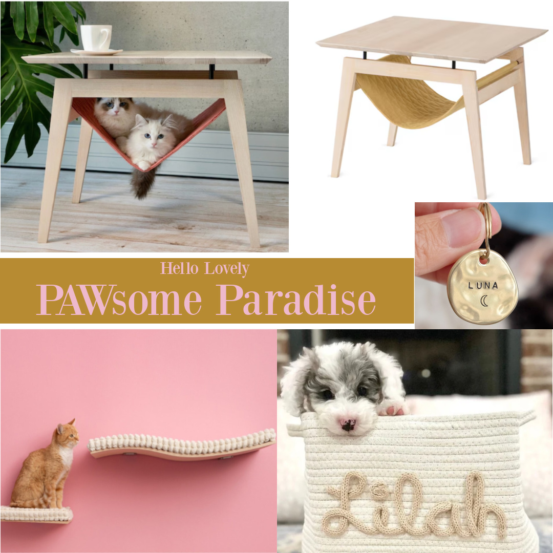 Custom pet gifts from Etsy for cats and dogs including a hammock, shelves, personalized tag and toy basket. #petgifts