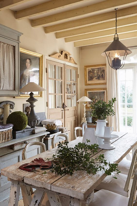 Old world style country French kitchen with rustic table - Sophie Lambert in Victoria magazine.
