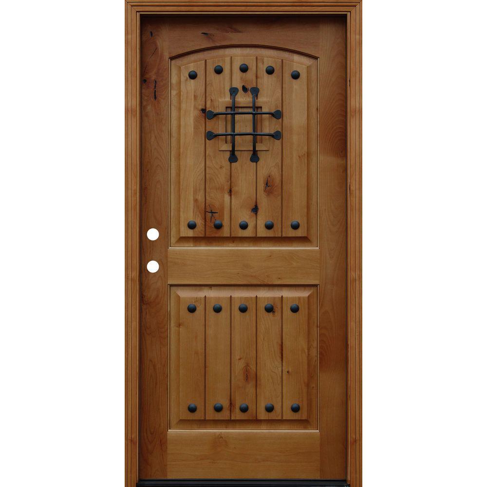 Pacific Entries 36 in. x 80 in. Rustic Arched 2-Panel V-Groove Stained Knotty Alder Wood Prehung Front Door