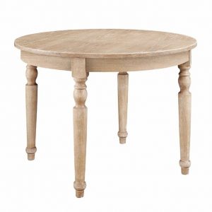 Round wood dining table with farmhouse style.