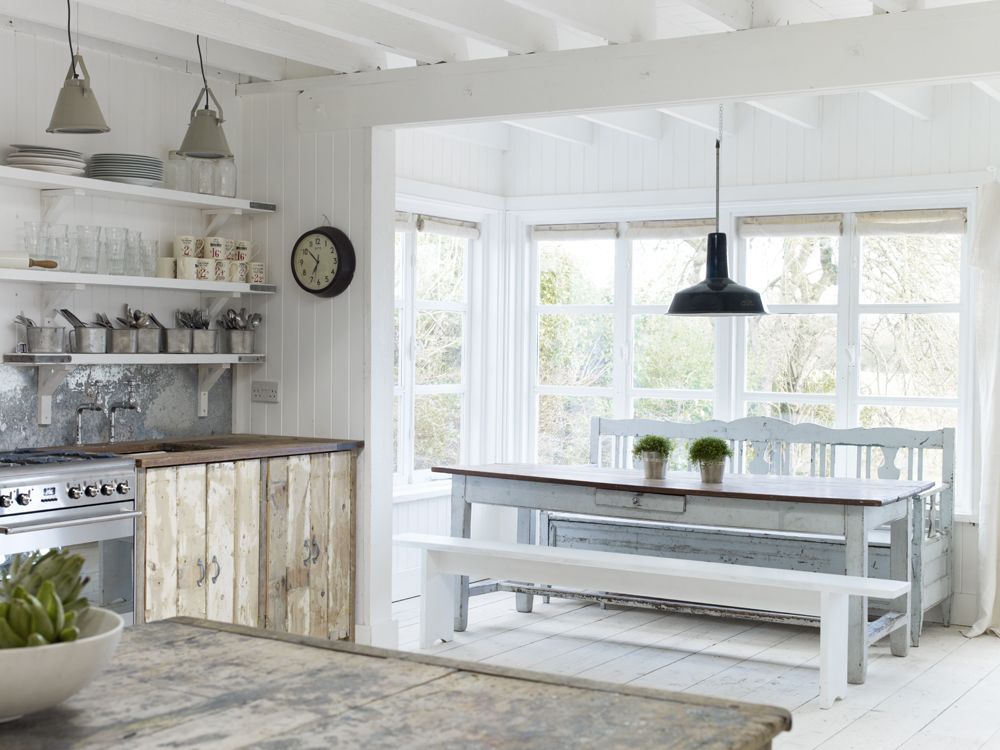 White shabby chic rustic country kitchen with old distressed wood - Atlanta Bartlett.